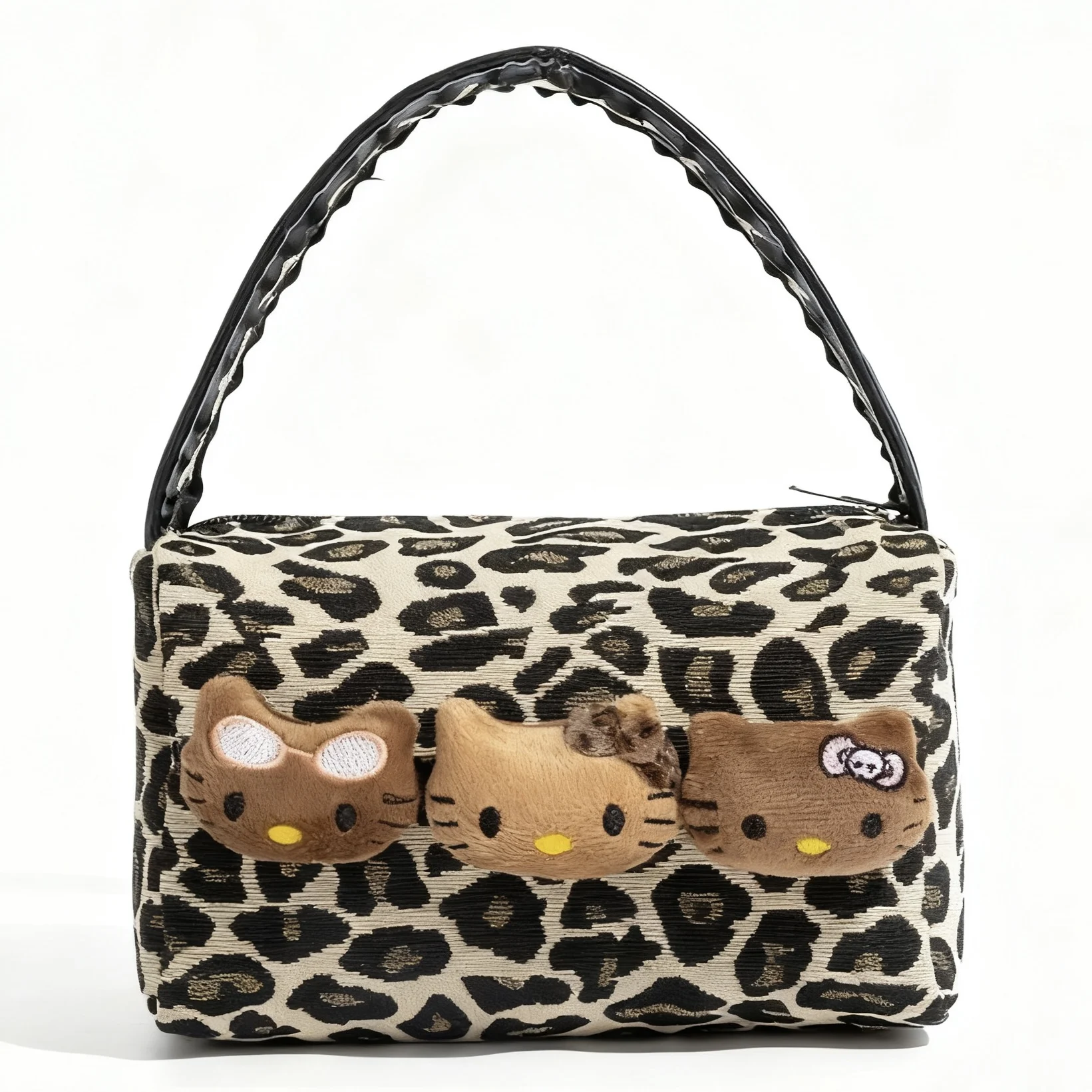 헬로 키티 레오파드 블랙 가죽 메이크업 가방 여성용 대용량 휴대용 통근 여행 핸드백 스킨케어 및 화장품