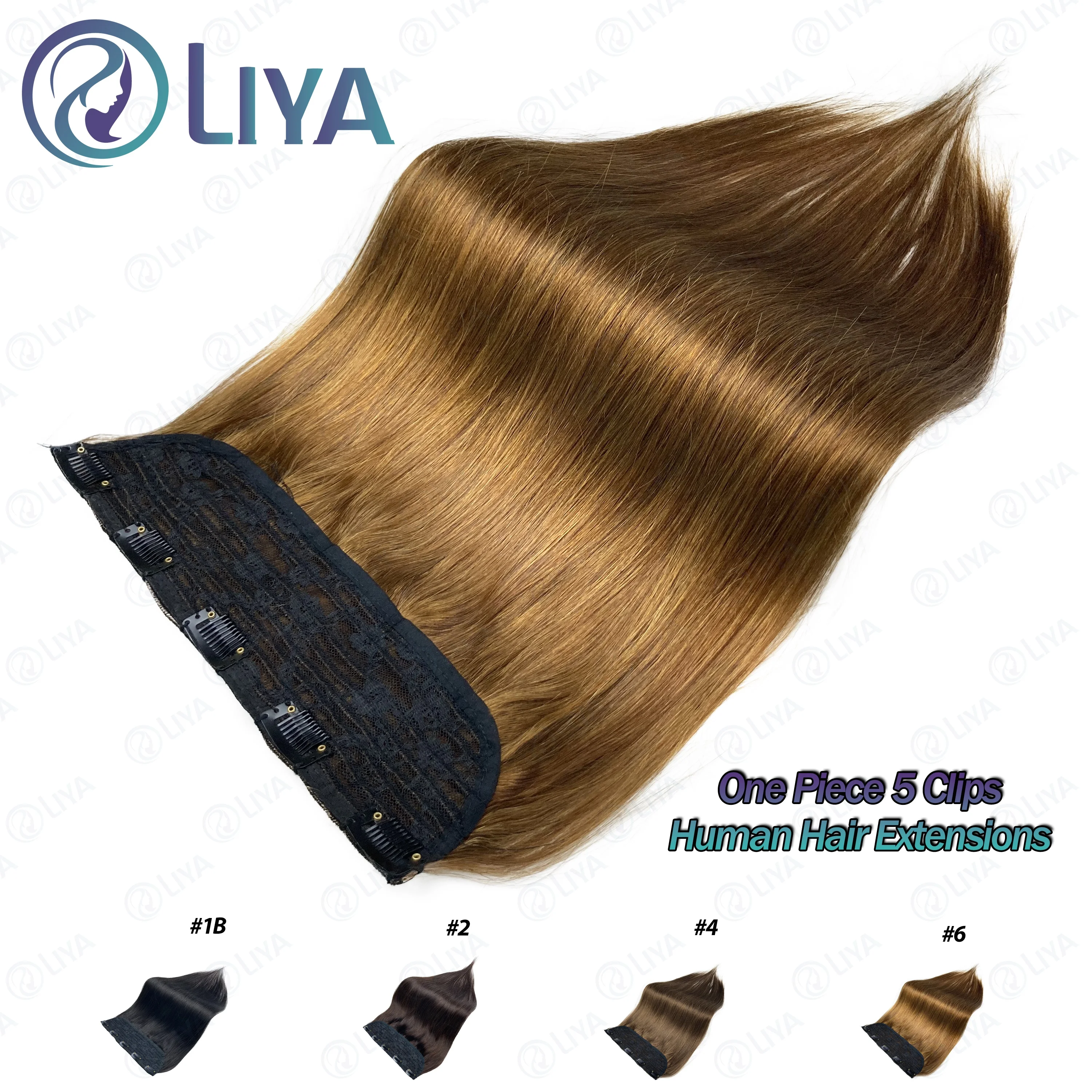 헤어 익스텐션 본 스트레이트 클립, 풀 헤드 원피스 클립, 인모 익스텐션, #6 라이트 브라운, 1 피스, 5 클립, 100 G/set