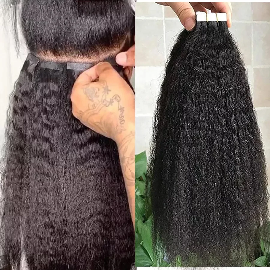 변태 직선 인간의 머리카락 확장에 테이프 브라질 머리 접착제 확장 피부 씨실 검정 100% 여성을위한 실제 인간의 머리카락