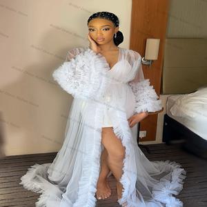 화이트 2 피스 여성 출산 드레스, 사진 촬영용 신부 전체 소매 티어드 얇은 명주 그물 로브, 웨딩 무도회 원피스, 맞춤형