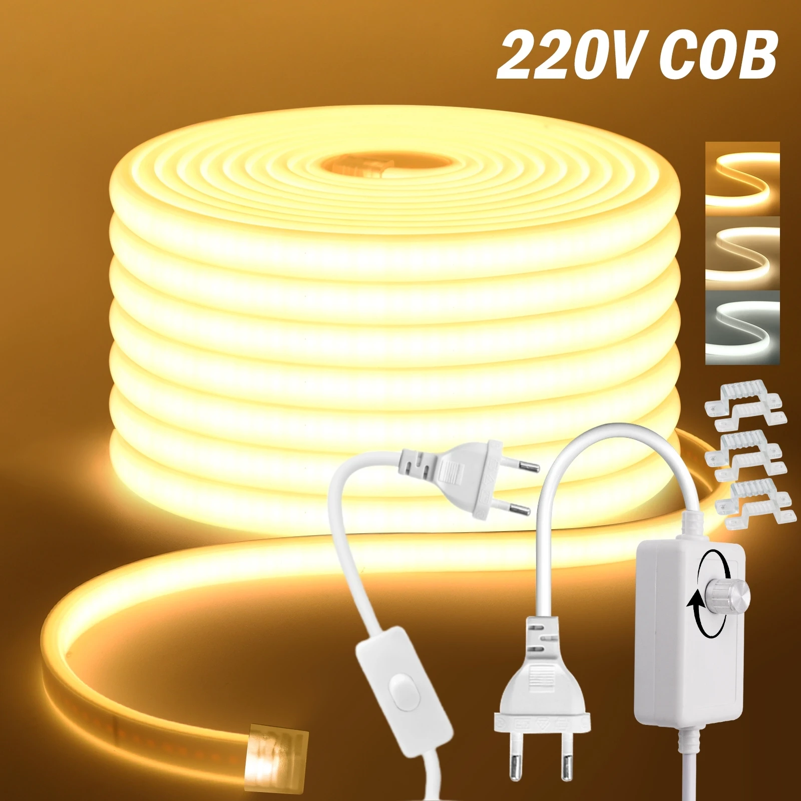 EU 스위치/조광기 플러그와 COB LED 스트립 빛 220V 230V 240V 방수 IP65 테이프 주방 캐비닛 램프 3000K 4000K 6000K 리본