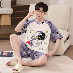 우주 비행사 만화 귀여운 남성 면화 여름 잠옷 반팔 반바지 잠옷 어린 소년 빅 사이즈 L-4XL Pjs Pajamas Hombre