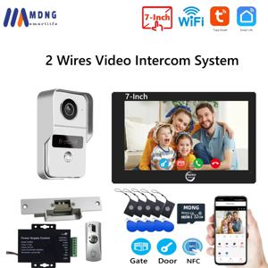 전자 잠금 도어 출구가있는 2 선 디지털 비디오 인터콤 7 인치 Tuya 스마트 WIFI 비디오 도어 폰 시스템 키트 초인종 카메라