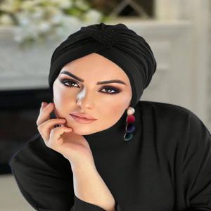 여성 Hijab 모자 탄성 직물 다이아몬드 이슬람 인스턴트 터번 보닛 Hijabs 핫 수정 장식을 착용 할 준비가