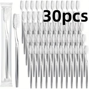 개별 포장된 일회용 여행용 칫솔 30개, 성인용 부드러운 헤어 세면도구, 캠핑, 호텔 손님(실버)