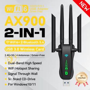 2-in-1 WIFI6 AX900 USB WiFi Bluetooth 5.4 무선 어댑터 듀얼 밴드 2.4G+5GHz 4개 안테나 802.11AX USB3.0 900Mbps WiFi 6 고속 네트워크 카드 수신기 동글 PC 노트북 WIN 10/11 드라이버 무료