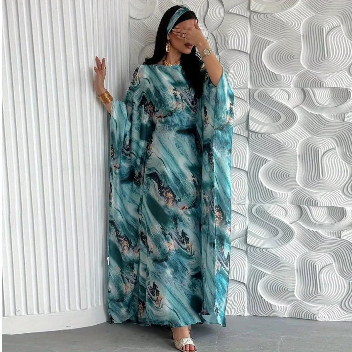 중동 풀오버 Abayas 풀 슬리브 느슨한 이브닝 드레스 우아한 Kaftans 여성 Jilbabs 이슬람 인쇄 맥시 드레스