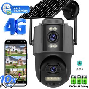 4G Sim 태양광 카메라 24시간 기록 3개의 렌즈 10X 줌 카메라 야외 IP66 방수 9W 태양광 패널 내장 배터리 iCSee