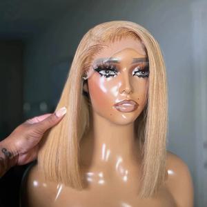 27 #   허니 블론드 레이스 프론탈 가발 13x4 레이스 프론트 100% 인모 가발 본 스트레이트 밥 브라질리언 가발 200% 밀도 할인 판매