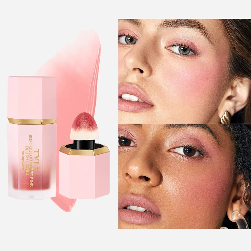 TVLV 4색 매트 리퀴드 블러셔, 발색력 좋고 지속력 좋은 워터프루프 블러셔 스펀지 브러쉬 헤드