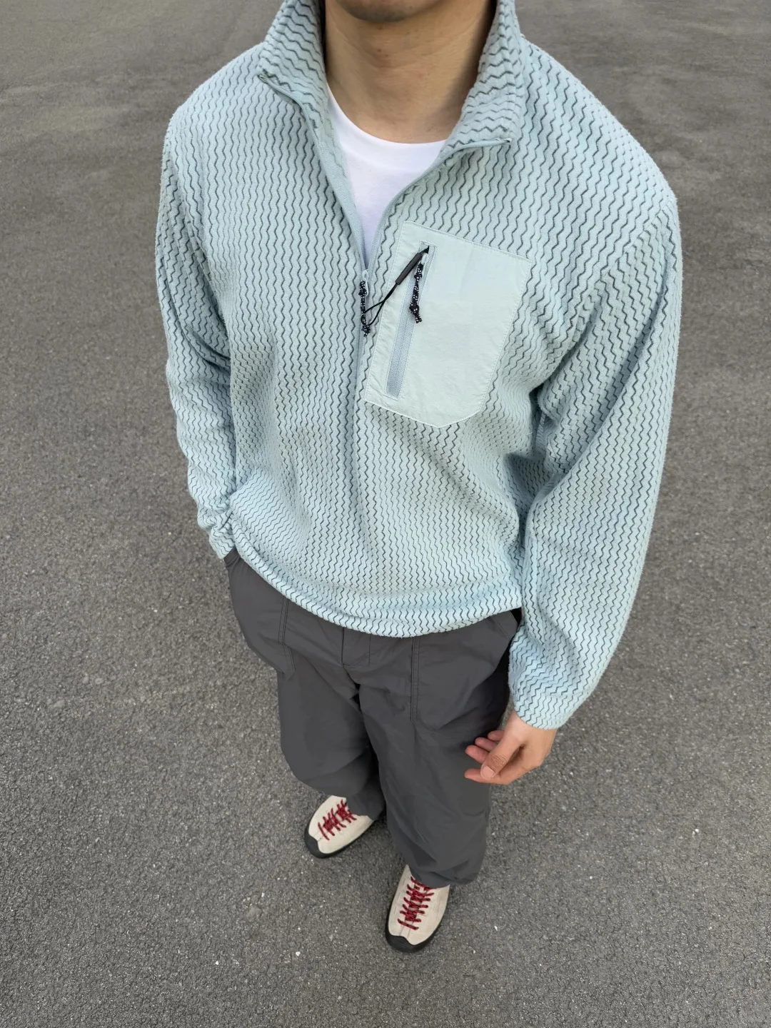 험블 스톤 아웃도어 윈드브레이커 후디 커플 스타일 하프 지퍼 플리스 보온 스탠드 칼라 웨이브 텍스처 캐주얼 웨어