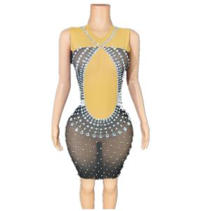 새로운 모델 옐로우 블랙 샤이니 다이아몬드 메쉬 V넥 섹시 슬림 다이아몬드 생일 파티 코스튬 여성 이브닝 드레스 이벤트용