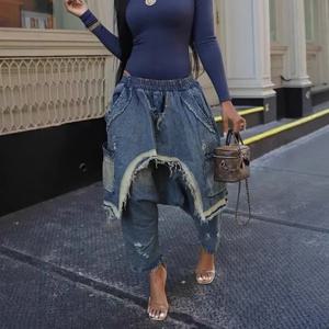 여성 하렘 팬츠 힙합 펑크 데님 팬츠 홀 엘라스틱 웨이스트 워싱 디스트레스드 포켓 스트릿웨어 2025 찢어진 트라우저