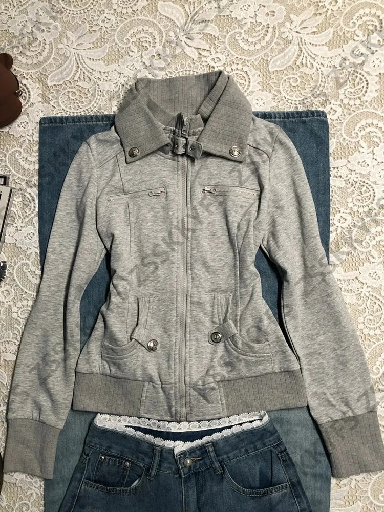 빈티지 코트 지퍼 슬림 Y2k 2000년대 여성 고스 펑크 스트리트웨어 폴로 재킷 스웨트셔츠 베이직 후드티 가을 겨울 패션 그런지