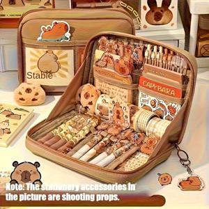 귀여운 카피바라 문구 선물 세트 12개 |   다층 수납 필통, 카피바라 스티커가 포함된 학생용 펜 상자 Back-to-Schoo