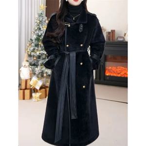 겨울 패션 고급스러운 롱 퍼 코트 여성용 신상 더블 브레스티드 루즈핏 벨트 두꺼운 따뜻한 퍼 재킷 아우터