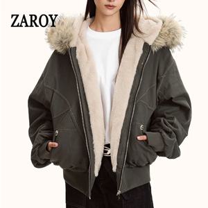 ZAROY 퍼 칼라 후드 파카 Y2k 하라주쿠 두꺼운 패딩 재킷 캐주얼 지퍼 고딕 여성&남성 겨울 코트 스트리트웨어