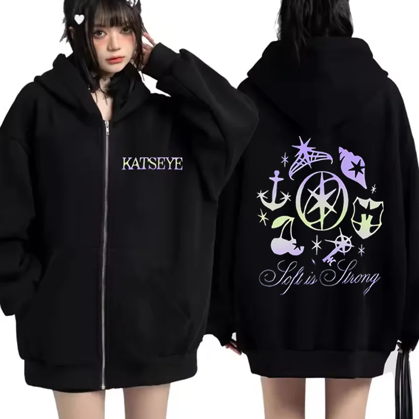 캣아이 그래픽 트랙슈트 빈티지 후드티 남녀공용 2025 탑 플리스 패션 의류 힙합 코트 지퍼 업 재킷 루즈 스트릿웨어