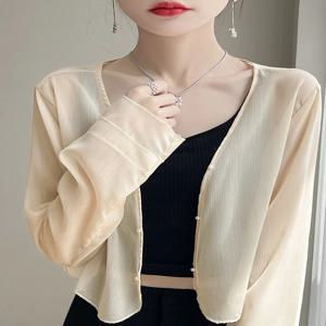 우아한 요정 접이식 울트라 얇은 긴 소매 짧은 겉옷 여성의 루즈 피트 카디건 에어컨 셔츠 여름 다목적