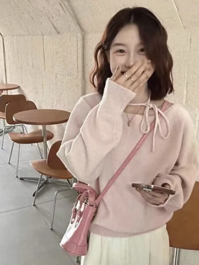 핑크 루즈 긴 소매 니트 스웨터 여성용 가을 겨울 신상 한국 스타일 패셔너블 벨트 디자인 부드럽고 편안한 스웨터