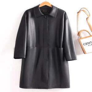 블랙 양가죽 재킷 여성용 중간 길이 코트 2025 봄 가을 신상 쿨 방풍 긴 소매 폴로 칼라
