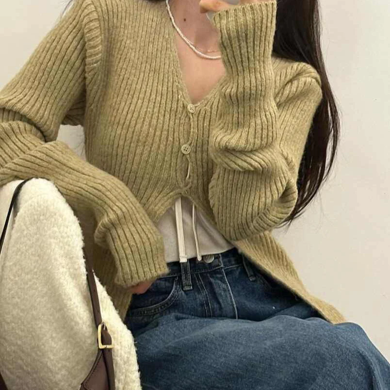 레트로 한국 스타일 니트 스웨터 코트 싱글 버튼 V넥 슬림핏 고급스러운 느낌 봄 여성 패션 루즈핏 긴팔