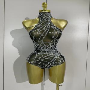 신상 반짝이는 다이아몬드 섹시 메쉬 스트레치 바디수트 여성 이브닝 나이트클럽 바 파티 쇼 고고 댄서 의상 무대 의상