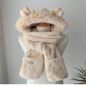 패션 엘크 뿔 모양 플러시 모자 스카프 장갑 여성용 겨울 귀 보호 두꺼운 레이펑 모자 자전거 스키 모자 방풍