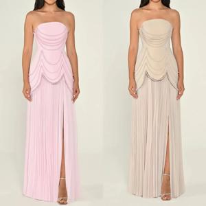 맞춤형 파스트롤 레트로 저지 펄 플리츠 스트레이트 스트랩리스 롱 드레스 맞춤형 행사 드레스 사이즈 선택 가능 클래식