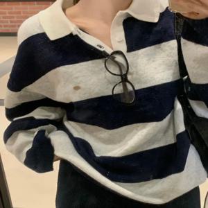 2025년 가을 여성 패션 레이지 스타일 니트 스웨터 폴로 칼라 스트라이프 컬러 블록 부드러운 색상 조합 가을 필수템