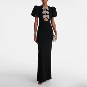 모던 블랙 여성용 이브닝 가운 머메이드 플로어 기장 정장 파티 드레스 짧은 퍼프 소매 사우디 드레스 리본 장식 프롬 드레스