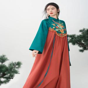 티이하이레이 가을 봄 여성 중국풍 자수 드레스 롱 맥시 레이디스 빈티지 패치워크 스탠드 칼라 롱 플레어 슬리브