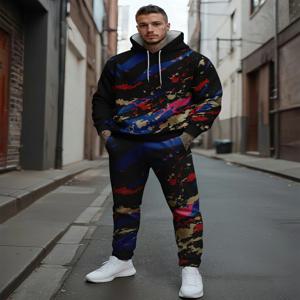 남성 캐주얼 루즈핏 3D 프린트 트랙수트 세트 후드 플리스 스웨트셔츠 따뜻한 신상