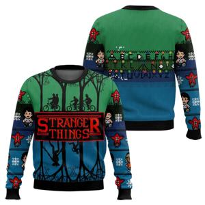 스트레인저 씨스 크리스마스 스웨터 후디: 레트로 픽셀 스타일 X 클래식 캐릭터, 몸에 '스트레인저 씨스' 밈을 착용하세요