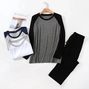 봄 및 여름 남성용 모달 긴팔 바지 잠옷 세트, 스플라이싱 라지 사이즈 스포츠 홈 서비스 슈트