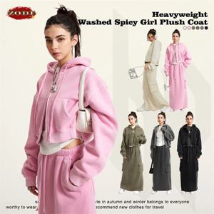 ZODF 레트로 2025 겨울 여성 짧은 지퍼 후드 여성 소녀 느슨한 355gsm 두꺼운 양털 후드 지퍼 업 코트 streetwears HY0448