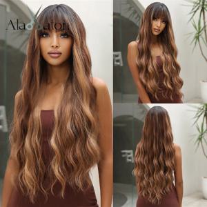 ALAN EATON 브라운 하이라이트 합성 가발(흑인 여성을 위한 앞머리 포함) 긴 옹브레 허니 브라운 웨이브 가발 내열성 헤어 내추럴