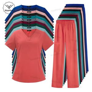 치과 스크럽 티셔츠 패션 간단한 간호사 유니폼 v 넥 반팔 탑 조깅 바지 클리닉 자켓 간호 액세서리 여성