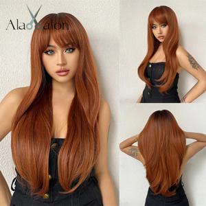ALAN EATON 긴 구리 갈색 합성 가발 여성용 적갈색 가발 앞머리 레이어드 스트레이트 헤어 자연 일일 내열성