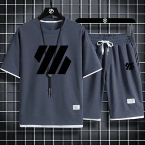 남성 스포츠 정장 패션 짧은 소매 Tracksuit 남성 정장 여름 남성 두 조각 세트 리넨 패브릭 캐주얼 티셔츠와 반바지 세트