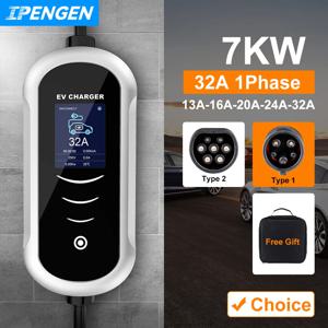 IPENGEN 휴대용 EV 충전기 Wallbox Type2 케이블 32A 7KW CEE 플러그 EVSE Type1 충전 박스 j1772 전기 자동차 용 어댑터