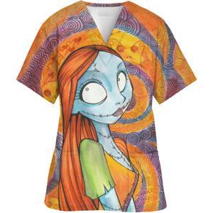 크리스마스의 악몽 프린트 V 넥 셔츠, 반팔 서리로 덥은 유니폼 간호사 유니폼 티셔츠, 포켓 의료용 허리 New