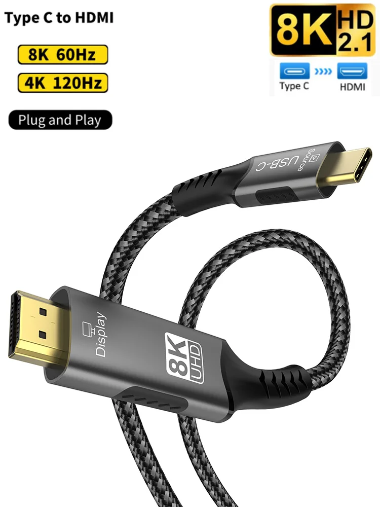 8K USB C-HDMI 2.1 케이블 어댑터 MacBook Pro IPad pro 노트북과 호환되는 Thunderbolt 3 용 8K60Hz 유형 C-HDMI 케이블