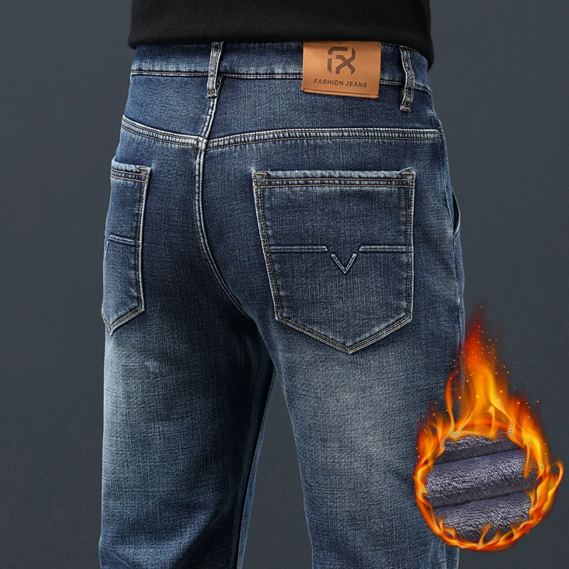 2024 겨울 따뜻한 청바지 남성 양털 두꺼운 슬림 스트레이트 바지 패션 스트레치 코튼 캐주얼 데님 바지 브랜드 의류