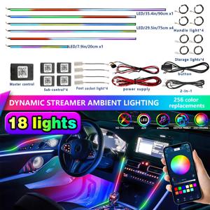 18 in 1 RGB LED 자동차 실내등 유니버설 인테리어 64색 숨겨진 아크릴 스트립 장식 분위기 조명 앱 제어 포함