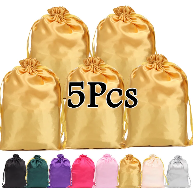 가발 가방 5Pcs 머리 확장 가방 Drawstring 부드러운 부드러운 새틴 가발 가방 팩 블랙 핑크 골드 머리 가발 포장 가방 35*25cm
