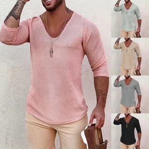 남성용 V넥 긴팔 스웨터, 얇은 라지 사이즈, 단색 상의, 유럽 및 미국 2024 용수철, 여름 및 가을 신상
