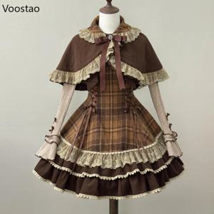 일본 귀여운 로리타 스타일 3피스 세트 여성용 달콤한 레이스 리본 피터팬 칼라 망토 탑 체크무늬 미니 드레스 한국 하라주쿠 Y2K 슈트