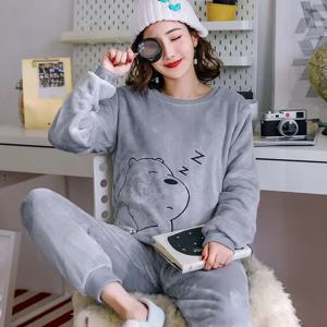 겨울 플란넬 오-넥 소녀 Loungewear 2PCS 세트 숙녀 잠옷 긴 소매 만화 곰 Loungewear에 대한 두꺼운 따뜻한 잠옷