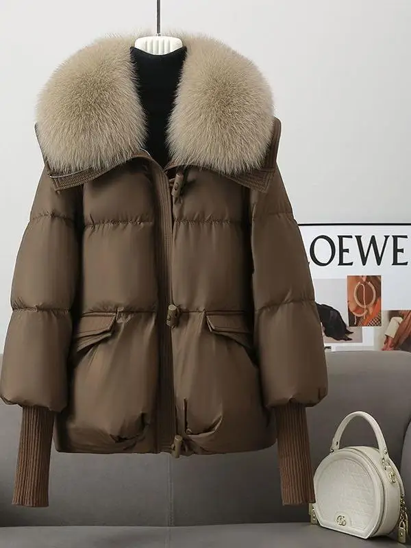 고급 퀼팅 코튼 재킷, 큰 퍼 칼라, 짧고 따뜻한 여성용 루즈핏 브레드 스타일 코트, 후드 지퍼 클로저